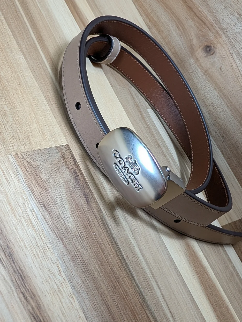 Coach Reversible Leather Belt Silver Logo Buckle Taupe / Brown